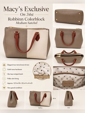 Robbinn Macys On 34st Street Two-Tone Color Block Beige and Cream  Brown Handles